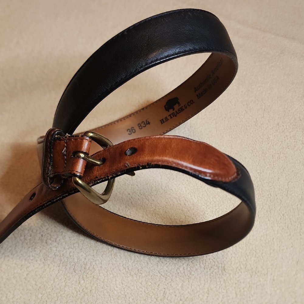 H S Trask & Co Leather Belt Black w/Tan & Solid Brass Buckle Double Stitched